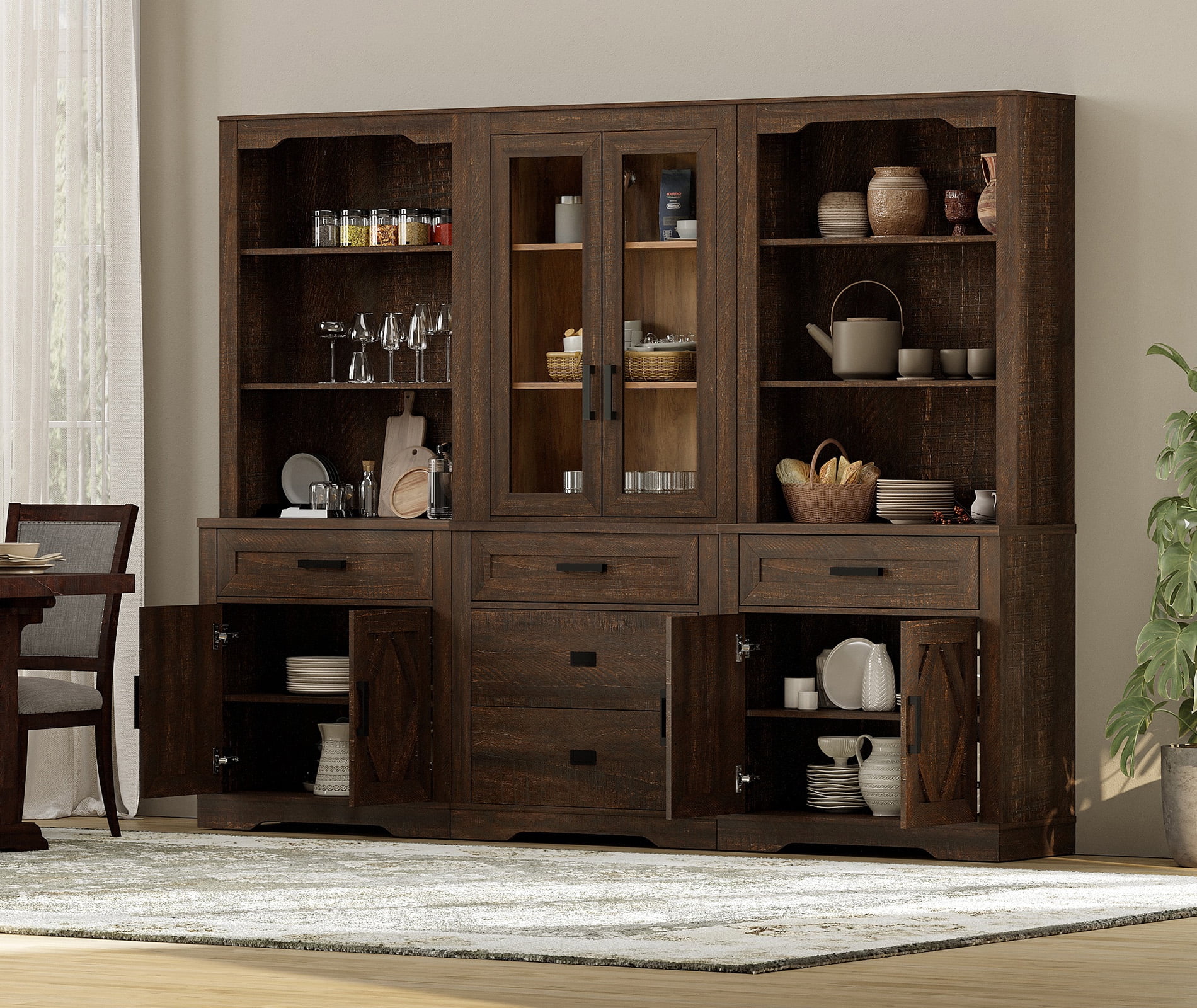 WAMPAT Modern Farmhosue 3-Column BookShelf Set,5 Tier Book Shelf with Open Storage and Glass Doors,73"H Tall Wood Bookcase with Storage Cabinet and Drawers for Study,Bedroom,Living Room,Rustic Brown