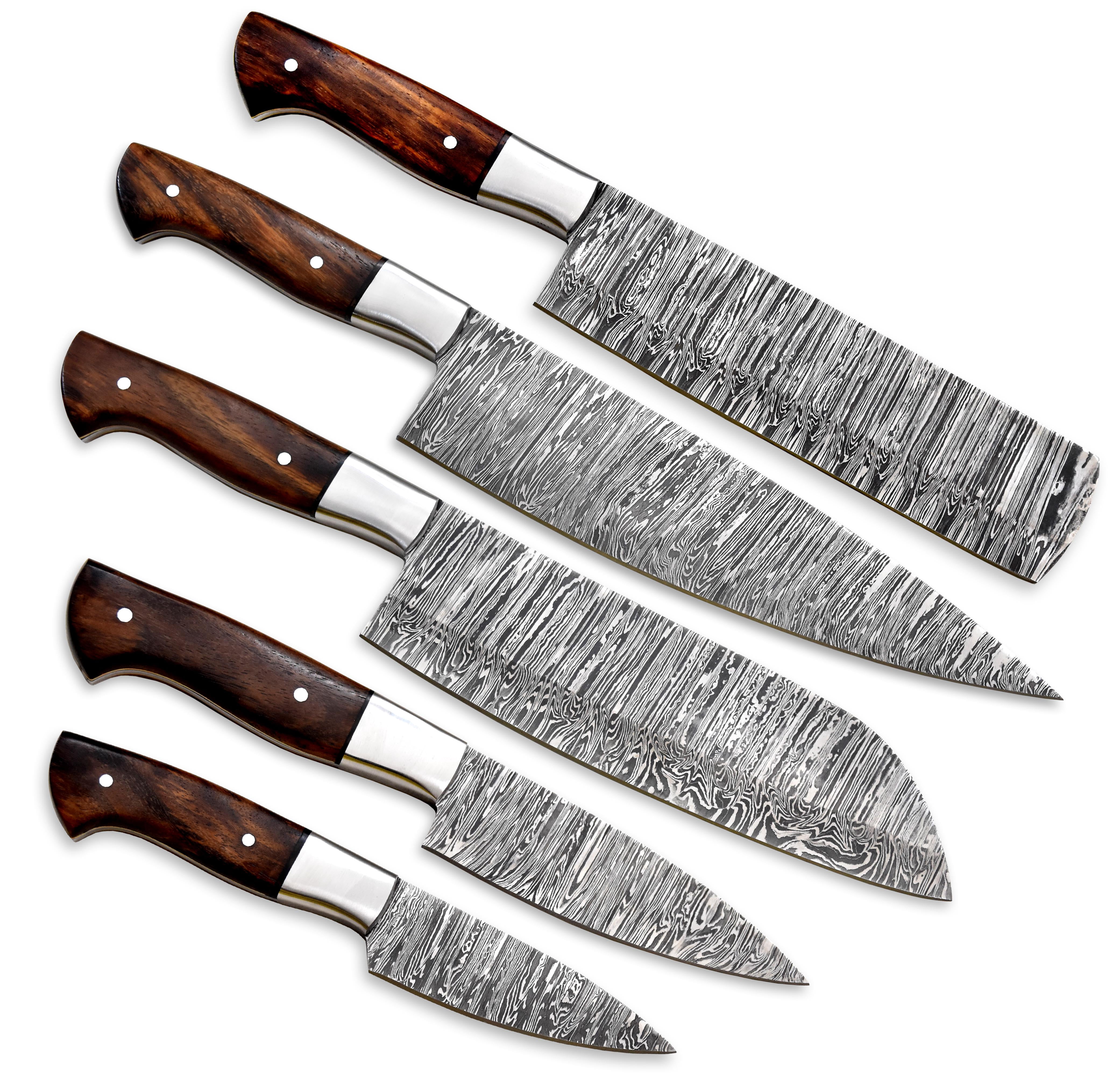 Hercules Knives damascus steel 5 Pieces chef knives set Handmade collectibles kitchen knives set walnut handle with special leather carry case