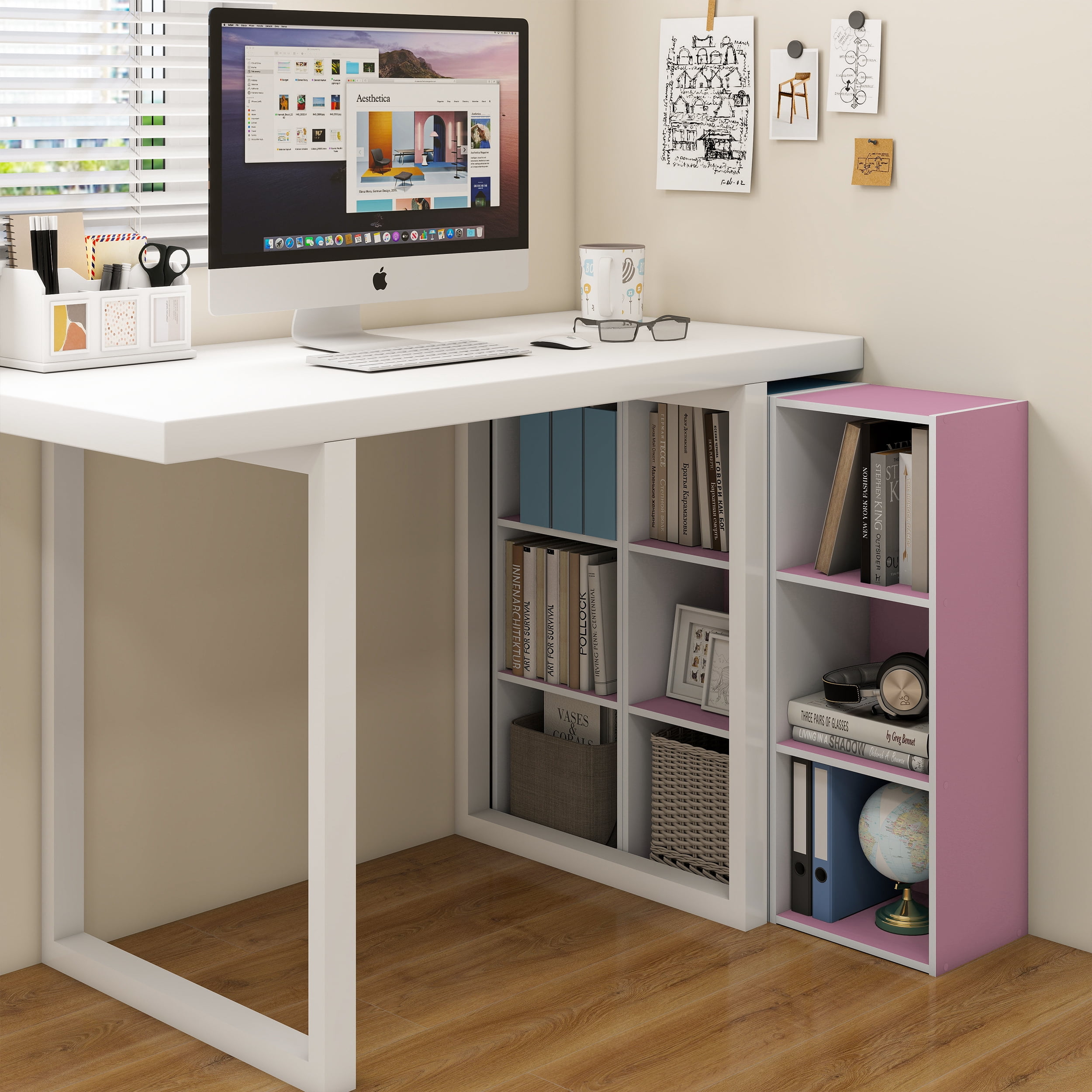 HOMLUX Luder 3-Tier Cube 31.5" Bookcase, Wood Storage Shelf, Small Bookshelf for Home Office & Bedroom, White & Pink