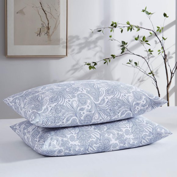 Huangxibin Taies d'Oreiller Format Queen, Luxueuses, Microfibre Brossée Ultra Douce à Motif Floral, Taies d'Oreiller Format Standard, Sauge avec Fleurs Blanches
