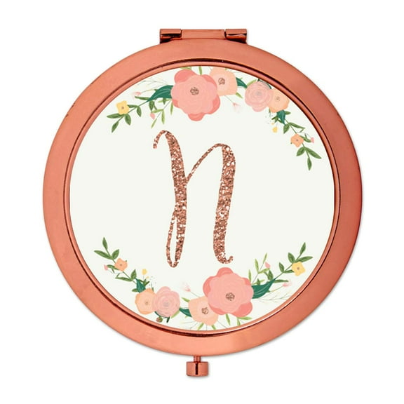 Koyal Wholesale Compact Mirror Bridesmaid's Wedding Gift, Peach Pink Florals | Faux Glitter, Monogram Letter N, 1-Pk