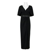 Adrianna Papell V-Neck Cape Sleeve Embellished Waist Ruched Front Zipper Back Jersey Dress-BLACK