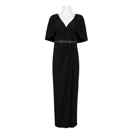 Adrianna Papell V-Neck Cape Sleeve Embellished Waist Ruched Front Zipper Back Jersey Dress-BLACK