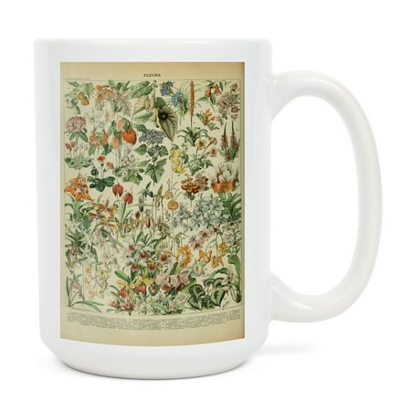 

15 fl oz Ceramic Mug Assorted Flowers D Vintage Bookplate Adolphe Millot Artwork Dishwasher & Microwave Safe