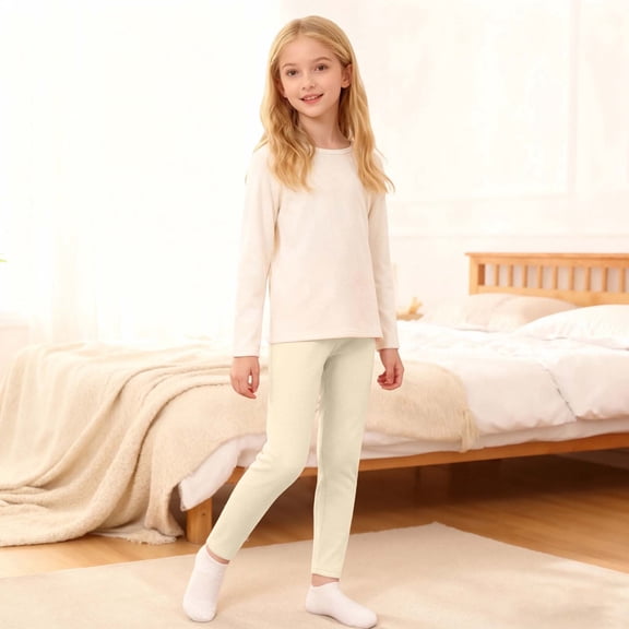 YMNXA Big Kids Girls Leggings Elastic Waist Solid Color Soft Stretch Plush Lined Thickened Thermal Tights For Casual Daily Wear Beige 3-4 Years