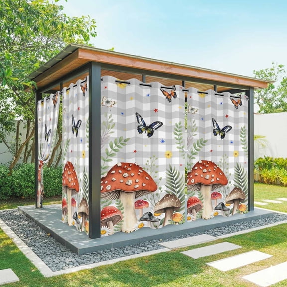 Outdoor Curtains for Patio Waterproof, Spring Mushrooms Outdoor Privacy Panels Grommet, Farmhouse Pastoral Botanical Gray Plaid Blackout Outside Curtains for Porch/Cabana 54"x95", 1 Panel