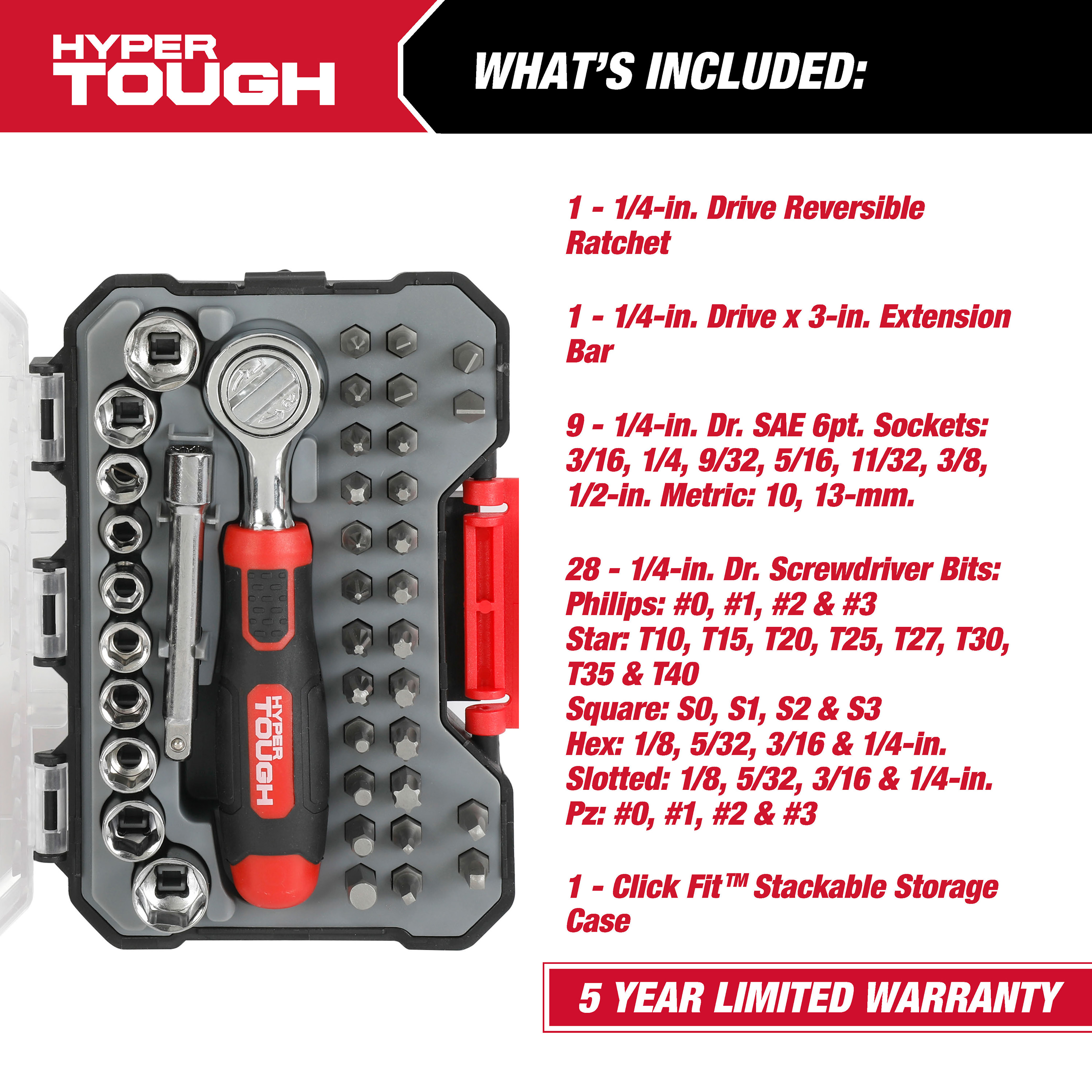 Juego de carraca con dados y puntas Hyper Tough de 40 piezas en estuche Click Fit 2