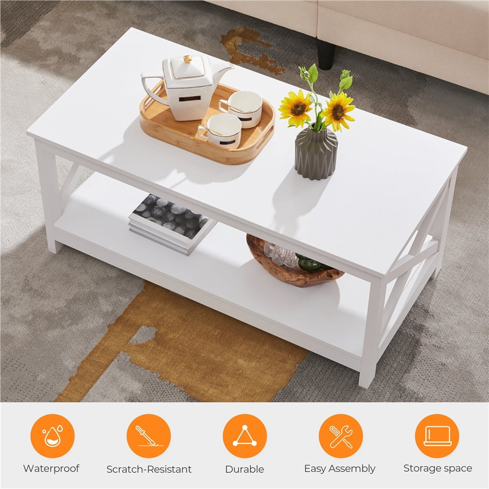 Topeakmart 2-Tier X-Design Coffee Table Accent Table with Storage Shelf White