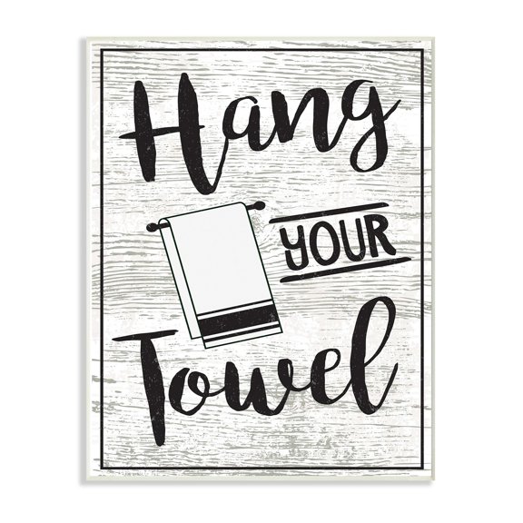the stupell home decor collection hang your towel black and white typography stretched canvas wall art, 30 x 1.5 x 40