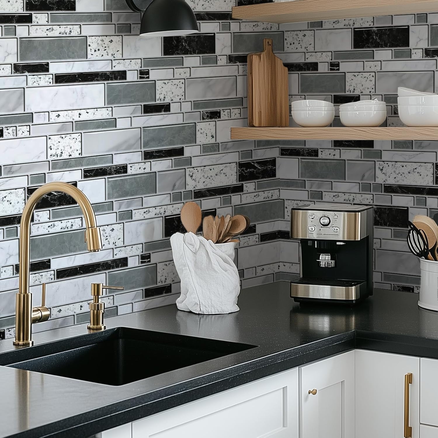 DAZLUT Brick Wallpaper Self-Adhesive Peel and Stick Wallpaper Black and Gray Waterproof and Removable Contact Paper for Home Decoration and Furniture Renovation, 17.7"x 394"