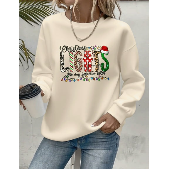 Merry Christmas Sweatshirt Lights Graphic Casual Long Sleeve Shirt for Women