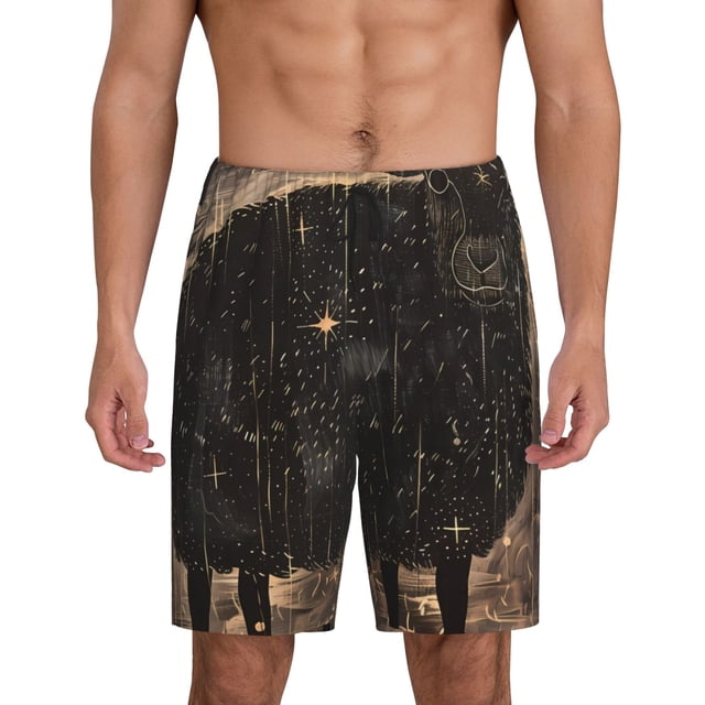 Balery Starry Night Black Sheep Pantalones cortos de pijama de punto de algodón para hombre con cinturilla y bolsillos-XX-Large