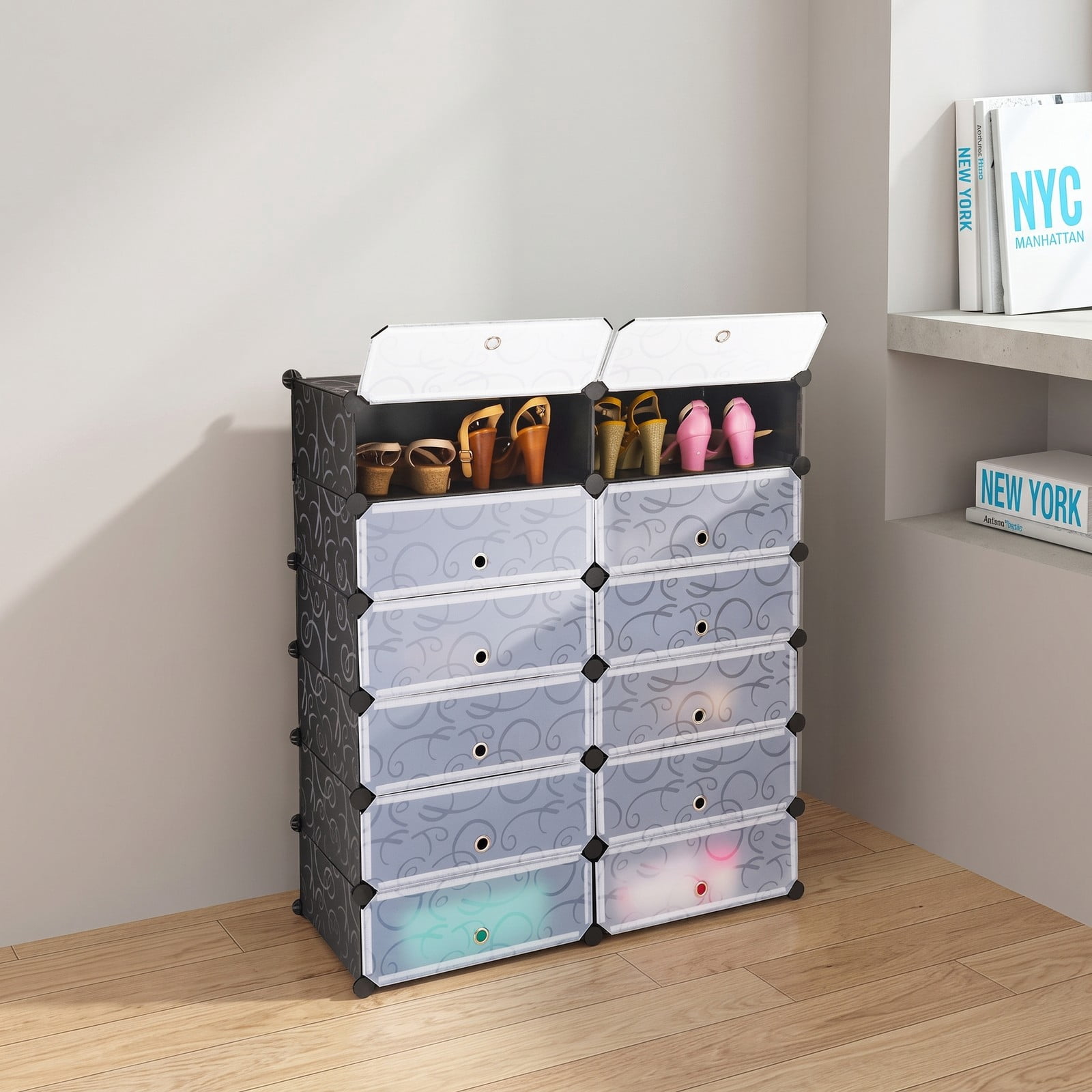 Furnibear 12-Cube DIY Shoe Rack Cabinet with Transparent Flip Doors and Ventilation Holes for Entryway Closet and Bedroom Storage, White