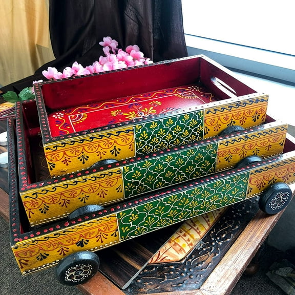 India Meets India Handmade Wooden Serving Tray w/ Hand Painted (Embossed) [Multi-Color], Kitchen/Table & Home Decor/Dinning/Gifts/Restaurants/Living Room/Coffee Table, Set of 3