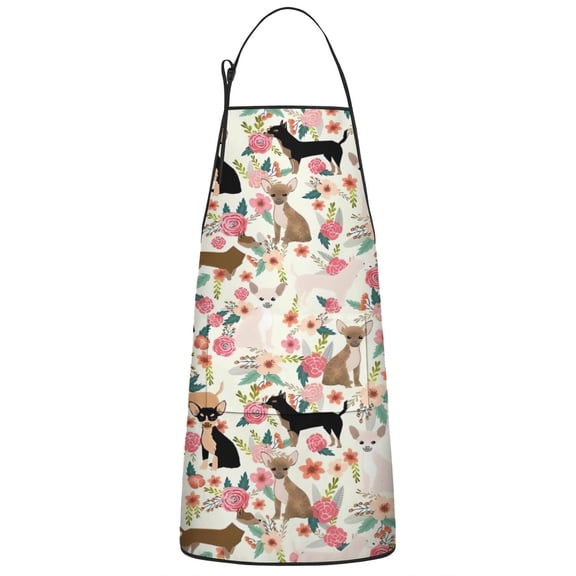 Chihuahua and Pioneer Flower Apron-Garden Aprons for Women with Pockets-Cotton Linen Waterproof Kitchen Cooking Gardening Aprons Adjustable for Kitchen,Cooking,BBQ and Salon 33x27 Inch