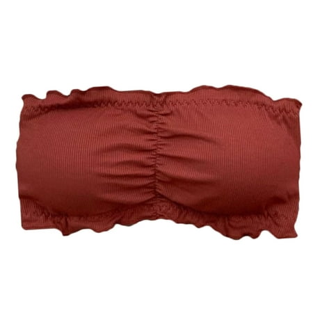 

BESTYO Women Strapless Ruffles Bandeau Bra Ribbed Knit Solid Wrapped Chest Tube Top