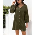 thumbnail image 4 of Vestido de manga larga con linterna para mujer, cuello en V, con botones, informal, suelto, línea A, vestido corto para verano OD Verde M, 4 of 6