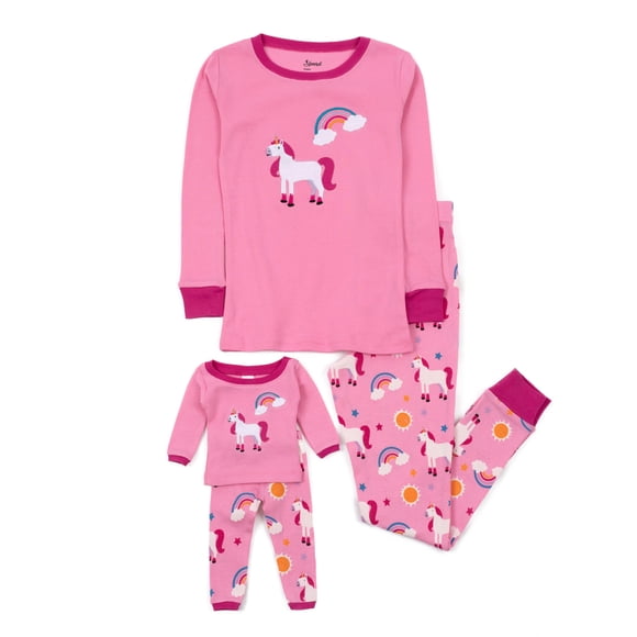 Pijama Leveret para niña y muñeca, algodón, unicornio, arcoíris