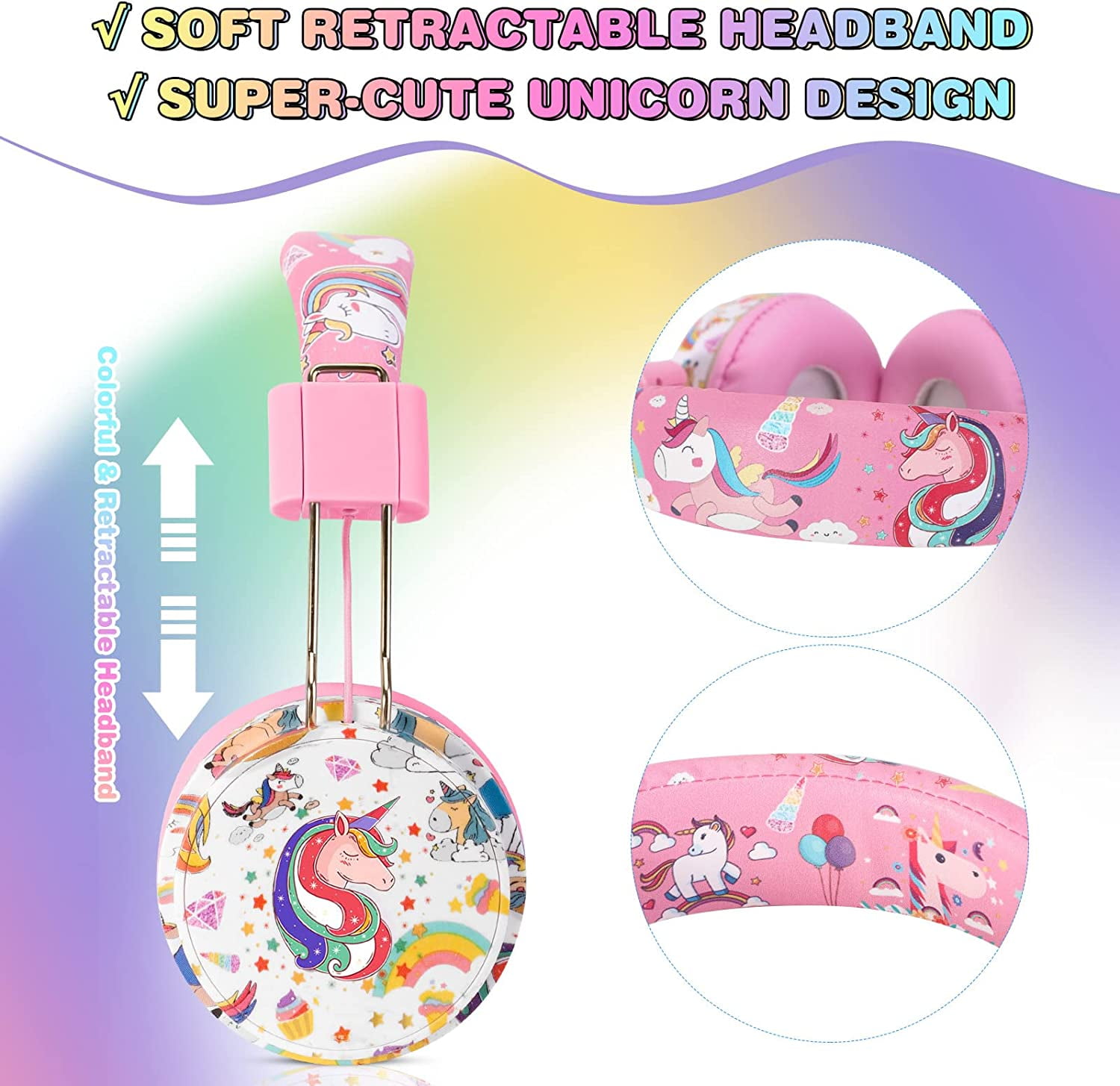 TCJJ Unicorn Headphones for Girls Kids for School, Kids Bluetooth Headphones with Microphone & 3.5mm Jack, Teens Toddlers Wireless Headphones with Adjustable Headband for Tablet/PC