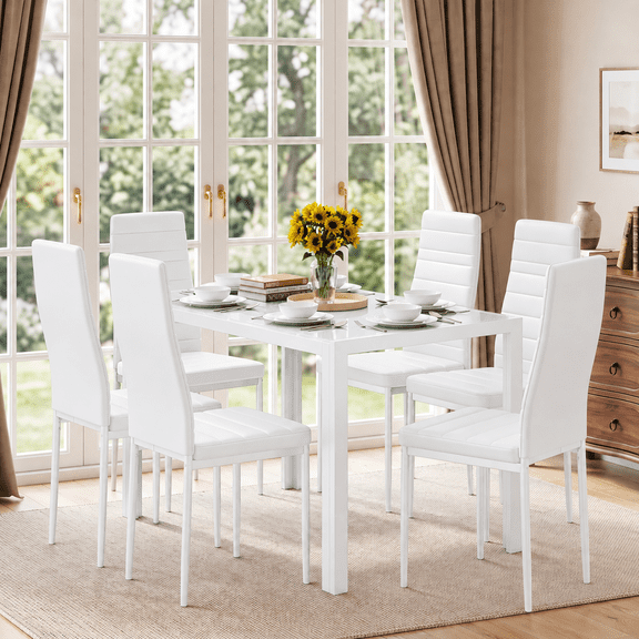 Asofer Modern 7-Piece Dining Set for 6, Tempered Glass Table & PU Leather Chairs, Space Saving Black Dinette for Kitchen & Apartment,White