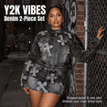 thumbnail image 3 of Women's 2 Piece Denim Outfits Y2K Cross Patchwork Zip Up Denim Jacket and Mini Skirt Set Streetwear Clubwear, 3 of 6