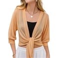 thumbnail image 3 of AHMOMEI Women’s Shimmer Sheer Mesh Tie-Front Shrug, 3/4 Sleeve Open Front Cropped Cover Up, Lightweight Knit Cardigan for Summer Beige L, 3 of 7