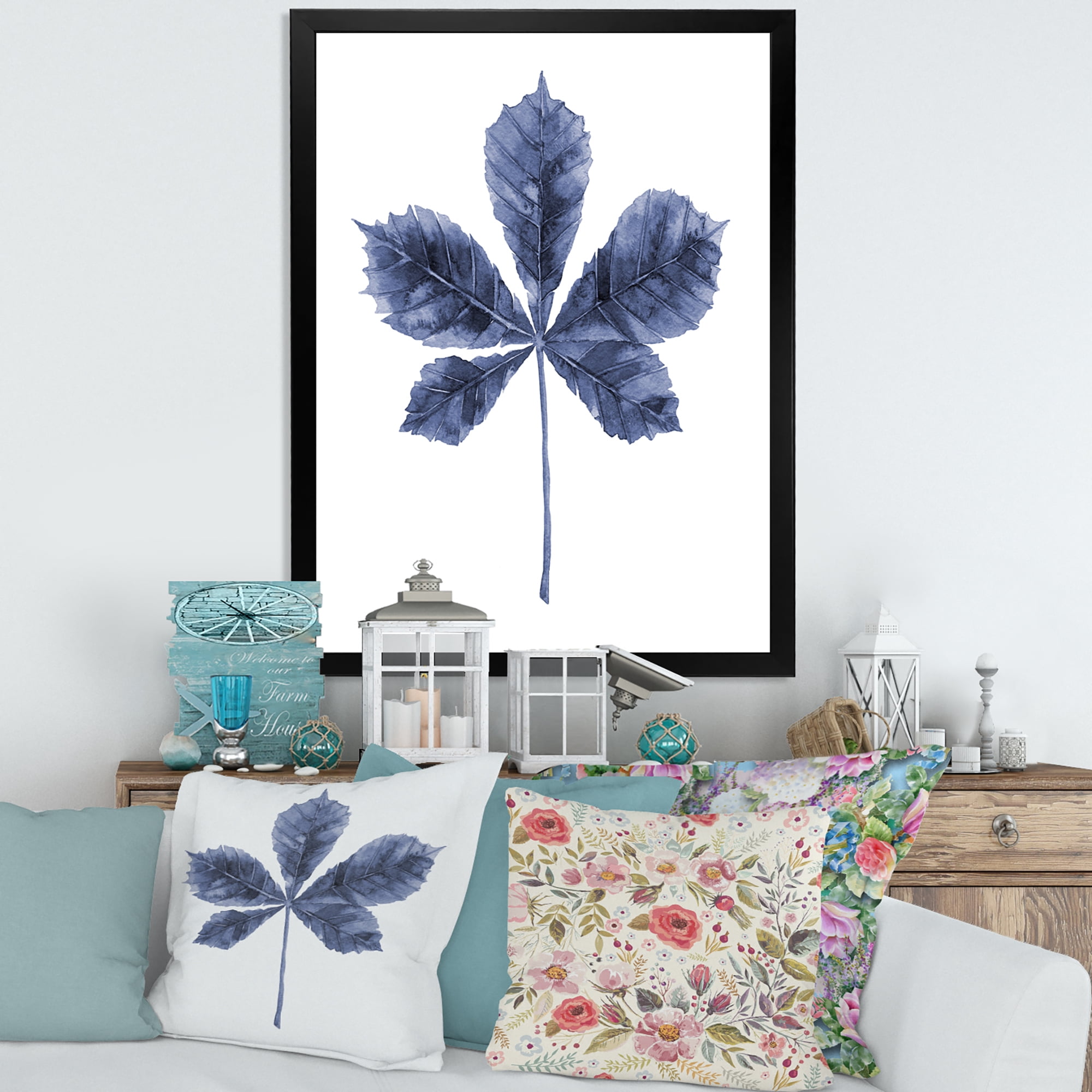 Designart 'Navy Blue Chestnut Leaf On White' Traditional Framed Art Print