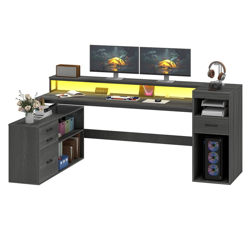Uforic L Shaped Computer Desk, 59" Gaming Table with Power Outlet & LED Light & Monitor Stand for Home Office,Gray