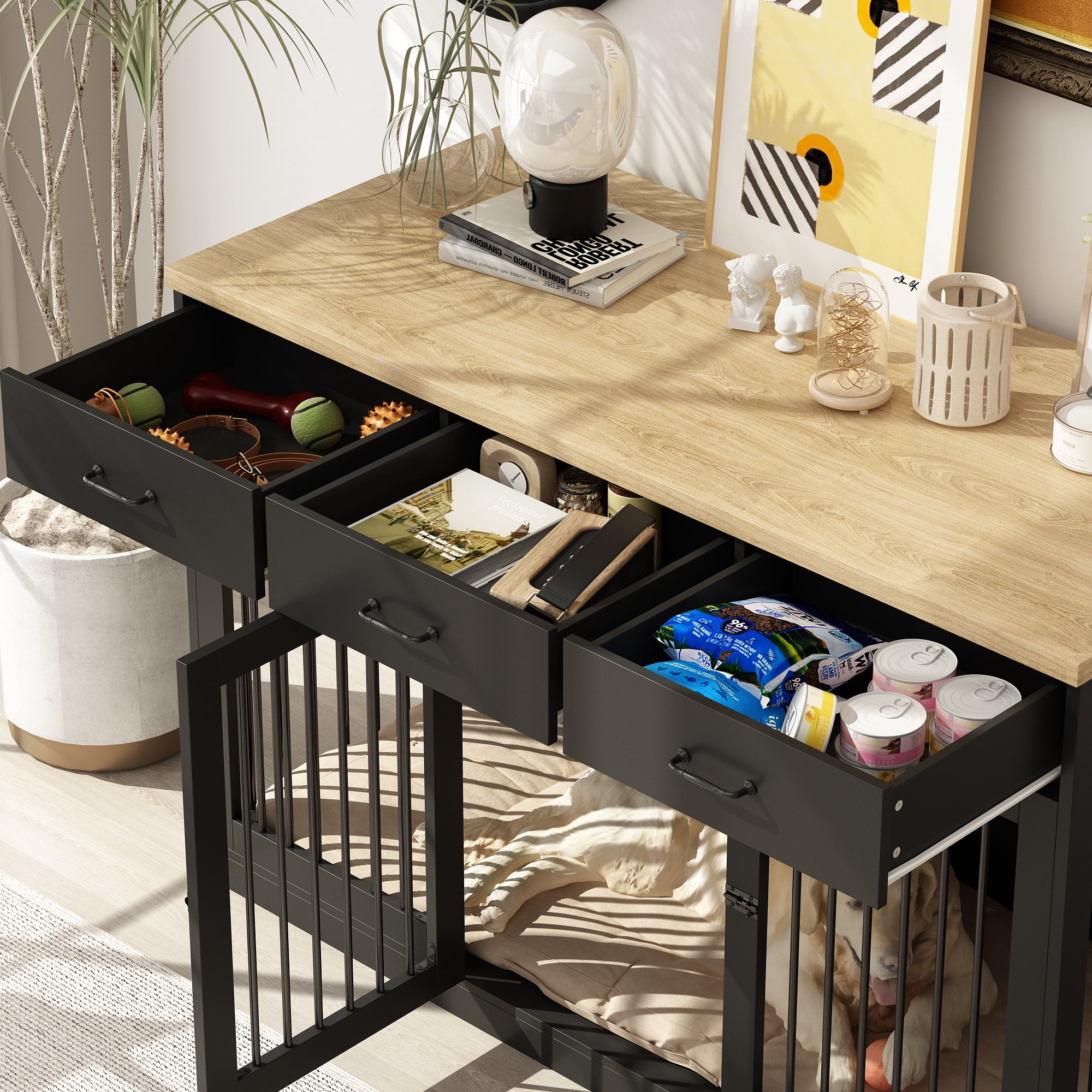 NARTRU 55.3" Dog Crate Kennel Cage Furniture with 3 Drawers for Small, Medium and Large Dog, Black