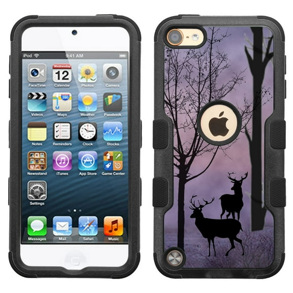 One Tough Shield ® 3-Layer Hybrid Case (Black w/Black Silicone) for Apple iPod Touch 5 5th / 6 6th Generation - Forest Deer / Twilight