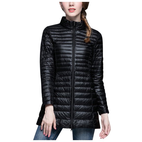 Women Winter Down Jacket Full Zipper Slim Fit Long Sleeve Overcoat with Pockets Midi Length Outerwear