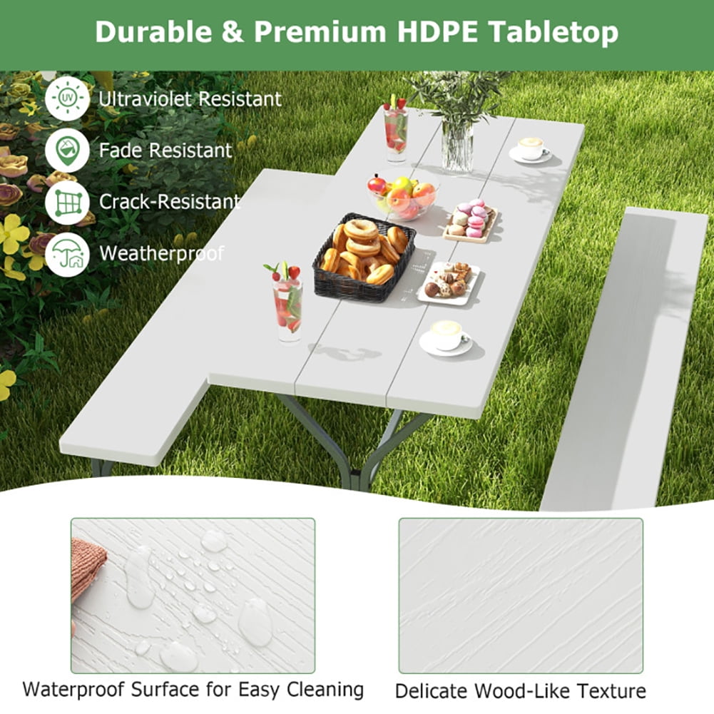 Aimee Lii 6 FT Picnic Table Bench Set Dining Table and 2 Benches with Metal Frame and HDPE Tabletop, Outdoor Patio Furniture, White Aimee Lii 6 FT Picnic Table Bench Set Dining Table and 2 Benches with Metal Frame and HDPE Tabletop, Outdoor Patio Furniture, White