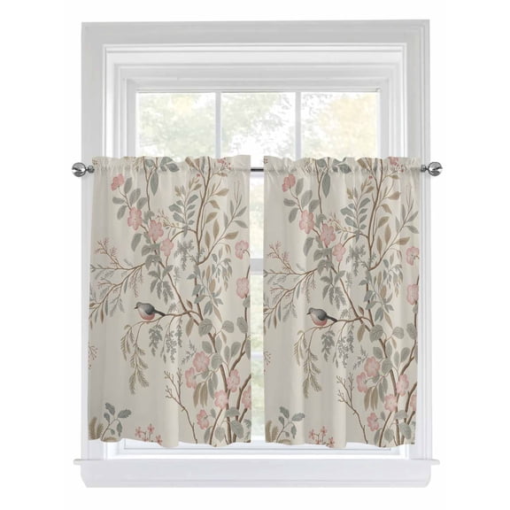 Tier Curtains 45 Inches Long, Fall Flower Window Treatment Curtain Drapes, Vintage Autumn Bird Floral Tree Leaf Plant Window Half Privacy Curtains for Bedroom Bathroom, 42"x45", 2 Panels