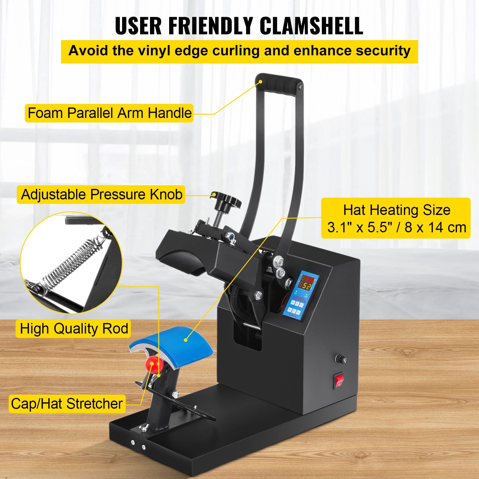 KFFKFF Heat Press Hat Machine 6x3.75Inch Arc Component Cap Press Shell-like Structure Heat Application for Caps Solid Metal Construction Non-adhesive Digital LCD Timer and Heat Regulation