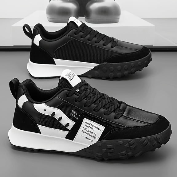 Men's Casual Sneakers - Breathable Low-Top Lace-Up Shoes with Cushioned Sole, Black & White Contrast Design for All-Season Comfort - Urban Streetwear & Daily Wear, Versatile Footwear, Sporty Look