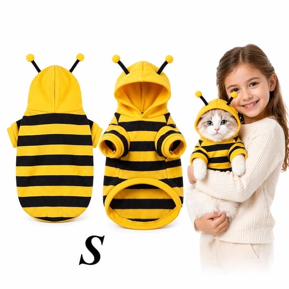 Cute Bumble Bee Pet Halloween Costume Hoodie, Soft Fleece Striped Cosplay Outfit with 3D Antennae, Warm Lightweight Shirt for Kittens Small Dogs, S & M Two Sizes