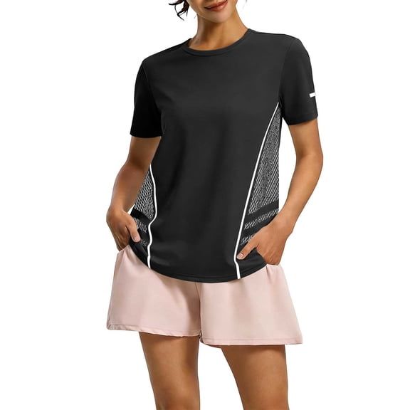 MOJOGO Women's Summer Tops Round Neck Pullover Shirts Short Sleeve Athletic T-Shirt Loose Running Outdoor Activewear Black 3XL