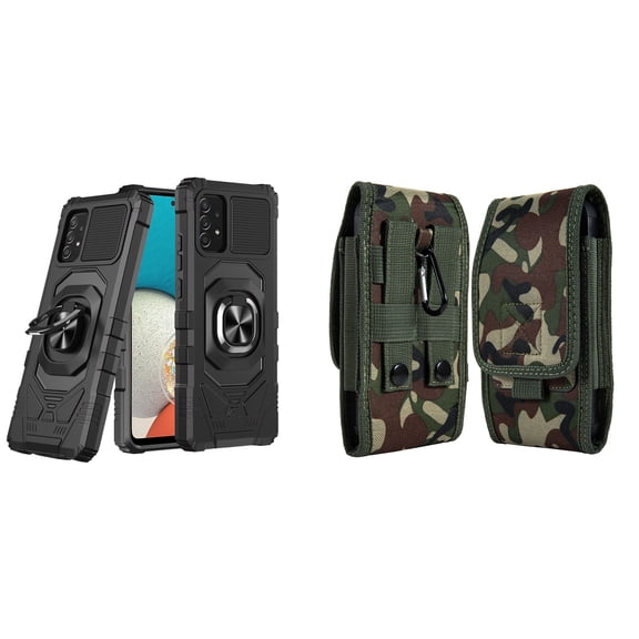 Case with Belt Holster Bundle for Samsung Galaxy A53 5G: Heavy Duty Shield Cover (Black) and Vertical Rugged Nylon Phone Pouch (Green Camo)