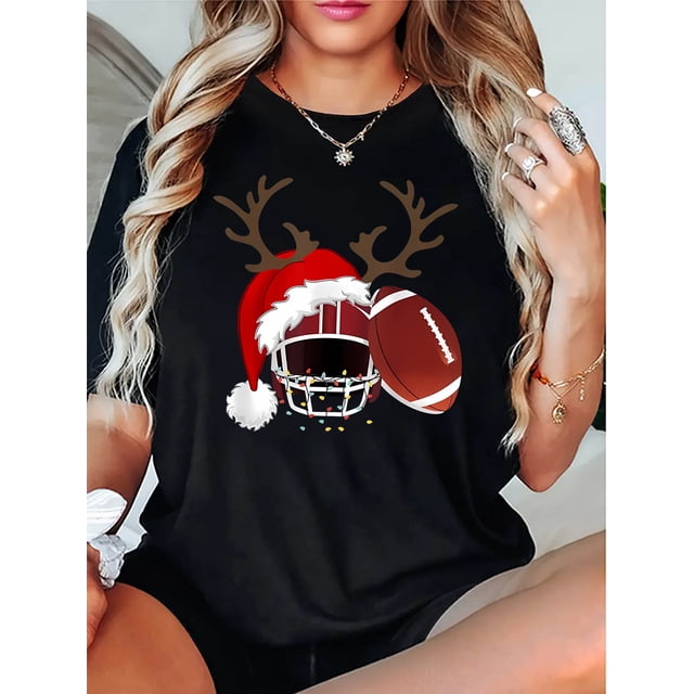 Camiseta deportiva informal y moderna para mujer, con cuello redondo y manga corta, con estampado de rugby navideño creativo, cómoda para vacaciones de verano. Camiseta deportiva de ocio.