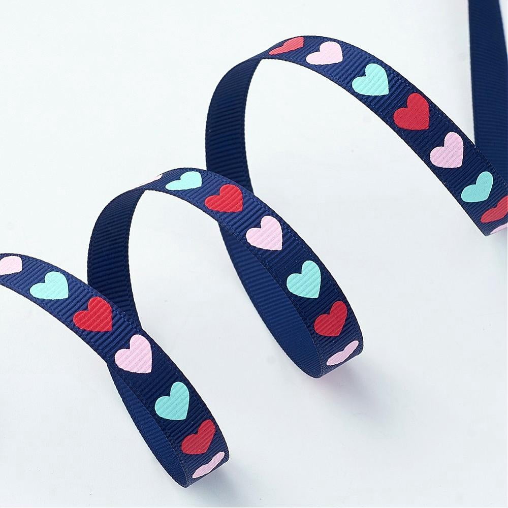 1 Roll Polyester Grosgrain Ribbon with Heart Printed Midnight Blue 3/8 inch(9mm) about 100yards/roll(91.44m/roll)