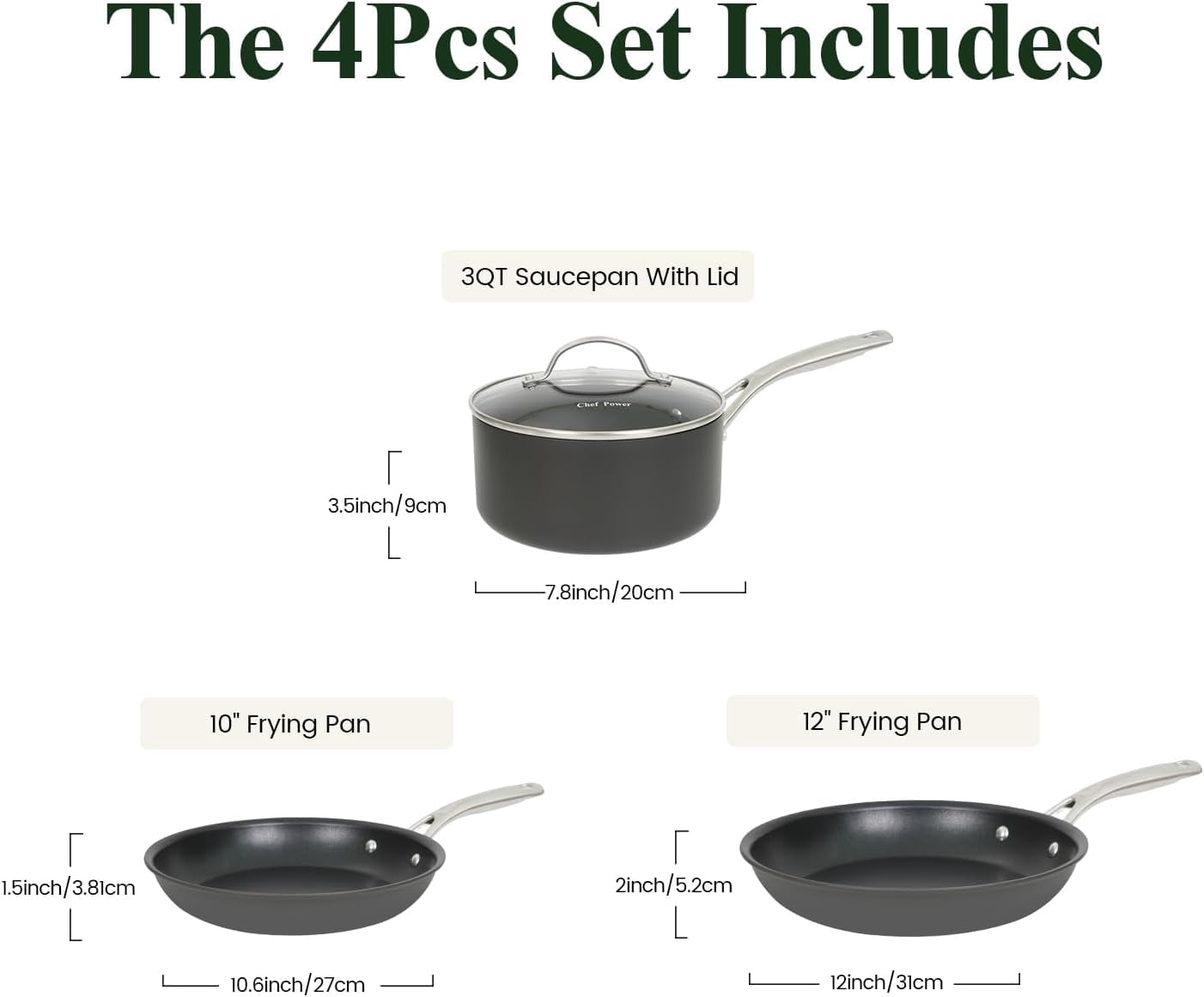 Chef Power 4 Pcs Pots and Pans Set, Hard Anodized Cookware Set, Nonstick Pan, Fit Induction, Oven, Dishwasher, Stainless Steel Handle, Essential (4 Pieces)