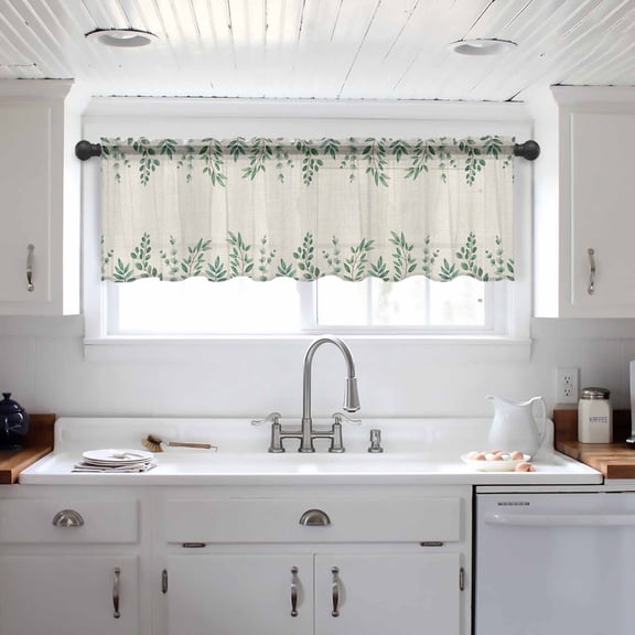 Green Leaf Valance Curtains for Kitchen/Living Room/Bathroom/Bedroom Window, Sage Eucalyptus Farmhouse Country Plant Rod Pocket Small Topper Half Short Window Curtains Voile Sheer Scarf 42"x18"