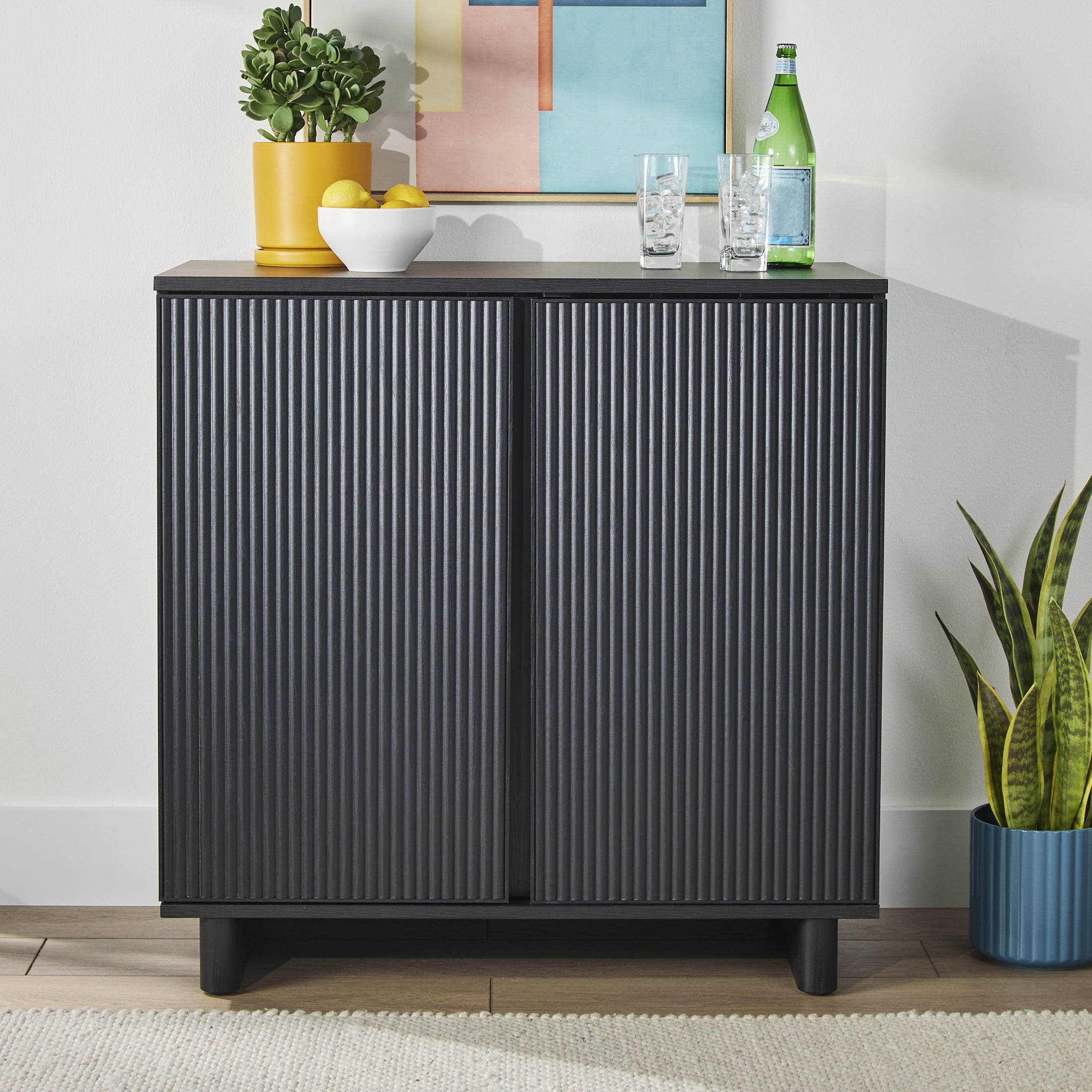 Better Homes & Gardens Lillian Fluted Bar Cabinet with Storage, Rich Black Finish