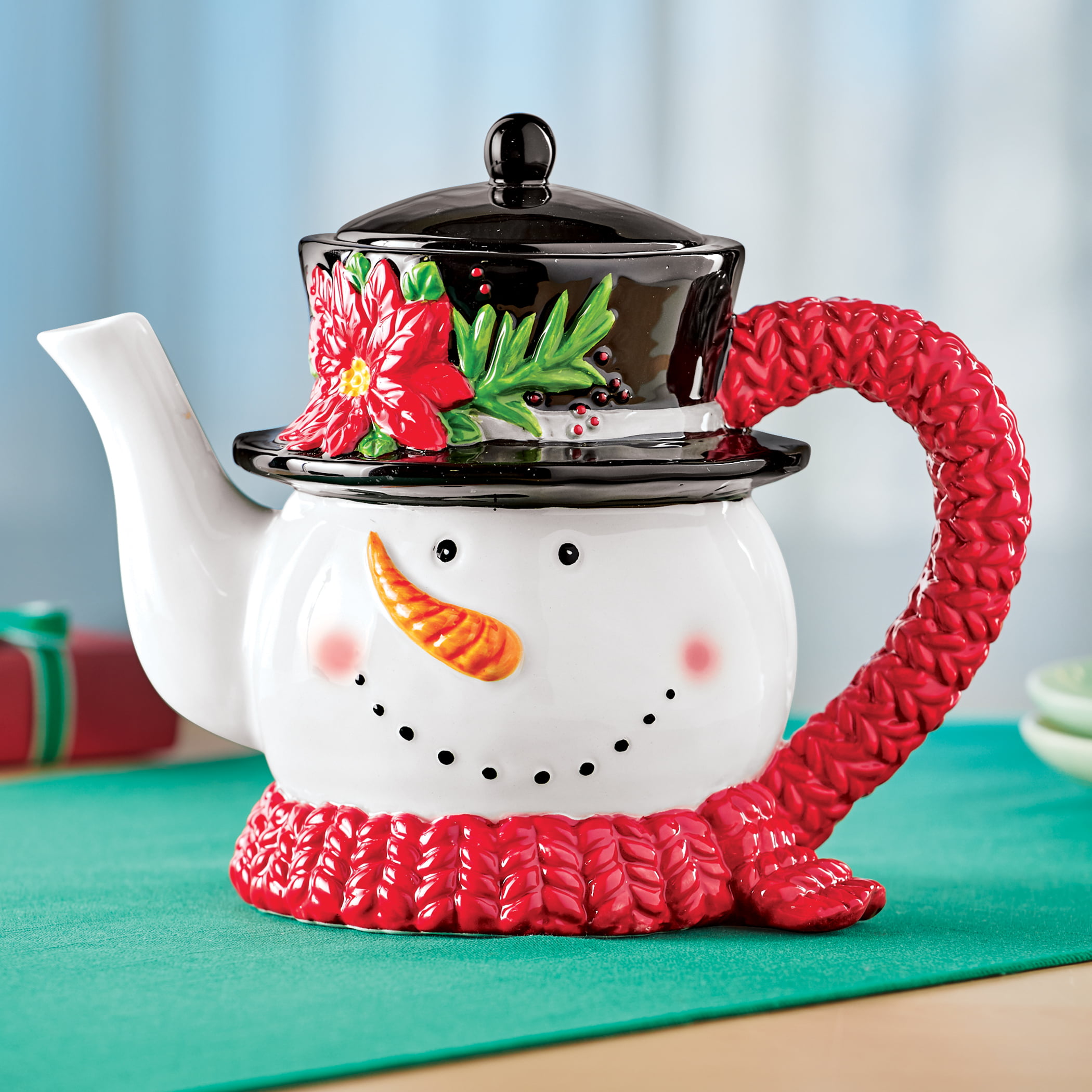 Hand Painted Festive Ceramic Snowman Top Hat Teapot