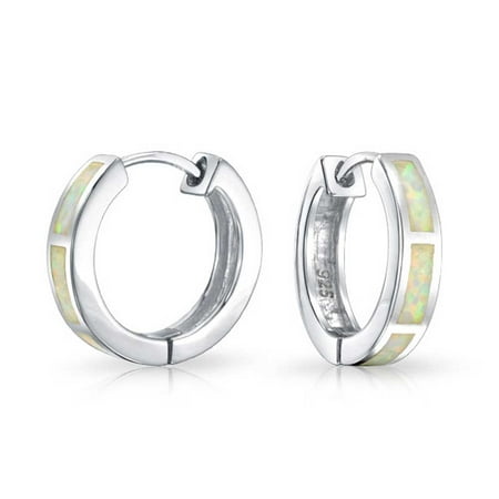 Bling Jewelry Inlaid Synthetic White Opal Sterling Silver Huggie Hoop Earrings