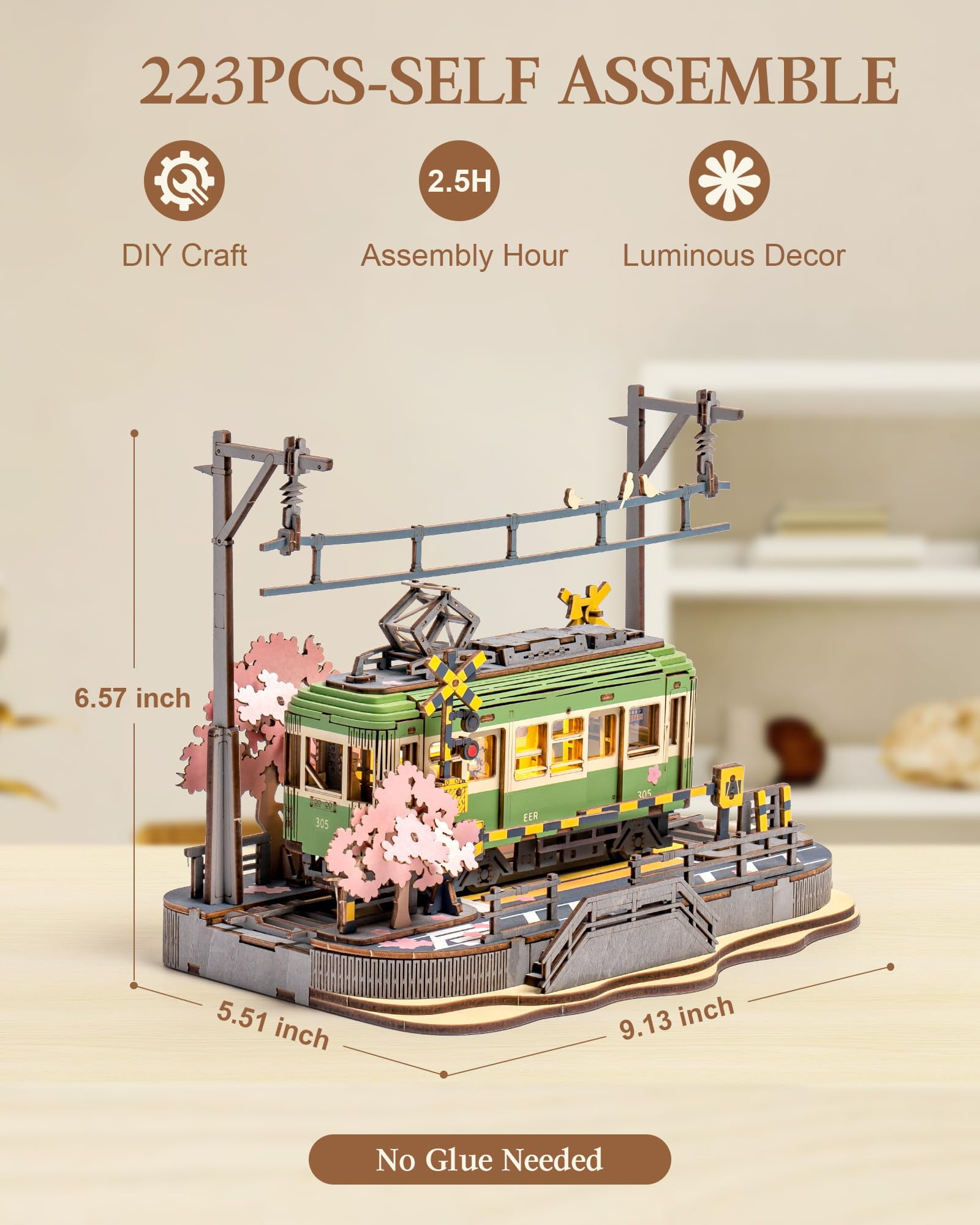 Rolife 3D Puzzle Wooden Jigsaw Car Toy DIY Model Kit for Adults, Building Toy with LED Light Diorama Tram Hobby for Kids Brain Teaser (Sakura Journey)
