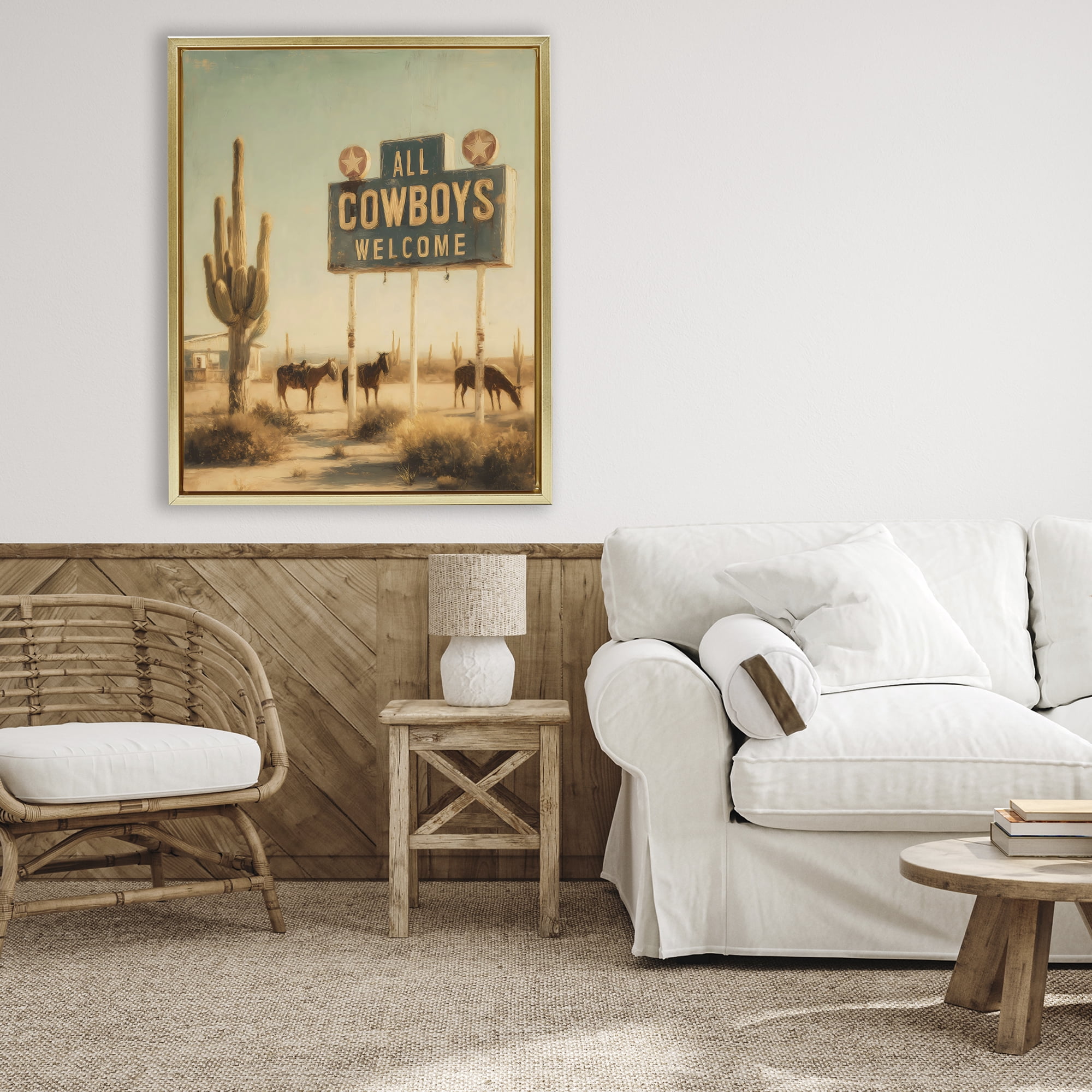 Stupell Industries All Cowboys Welcome Desert Gold Framed Floater Canvas Wall Art, design by Arlington Prints