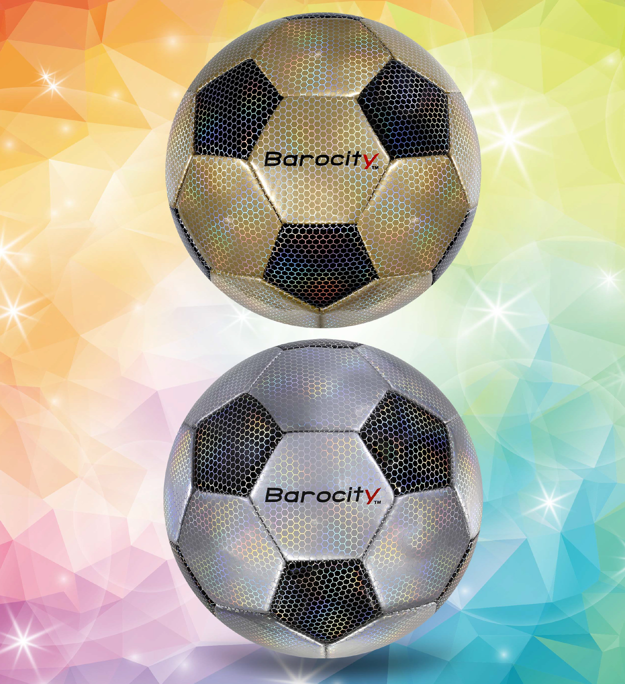 Barocity Classic Modern Pattern Soccer Balls Set of 2 - Black, Gold and Silver Official Match Ball with Reflective Hex Pattern, Sport Soccer Balls for Indoor and Outdoor Training and Practice - Size 3