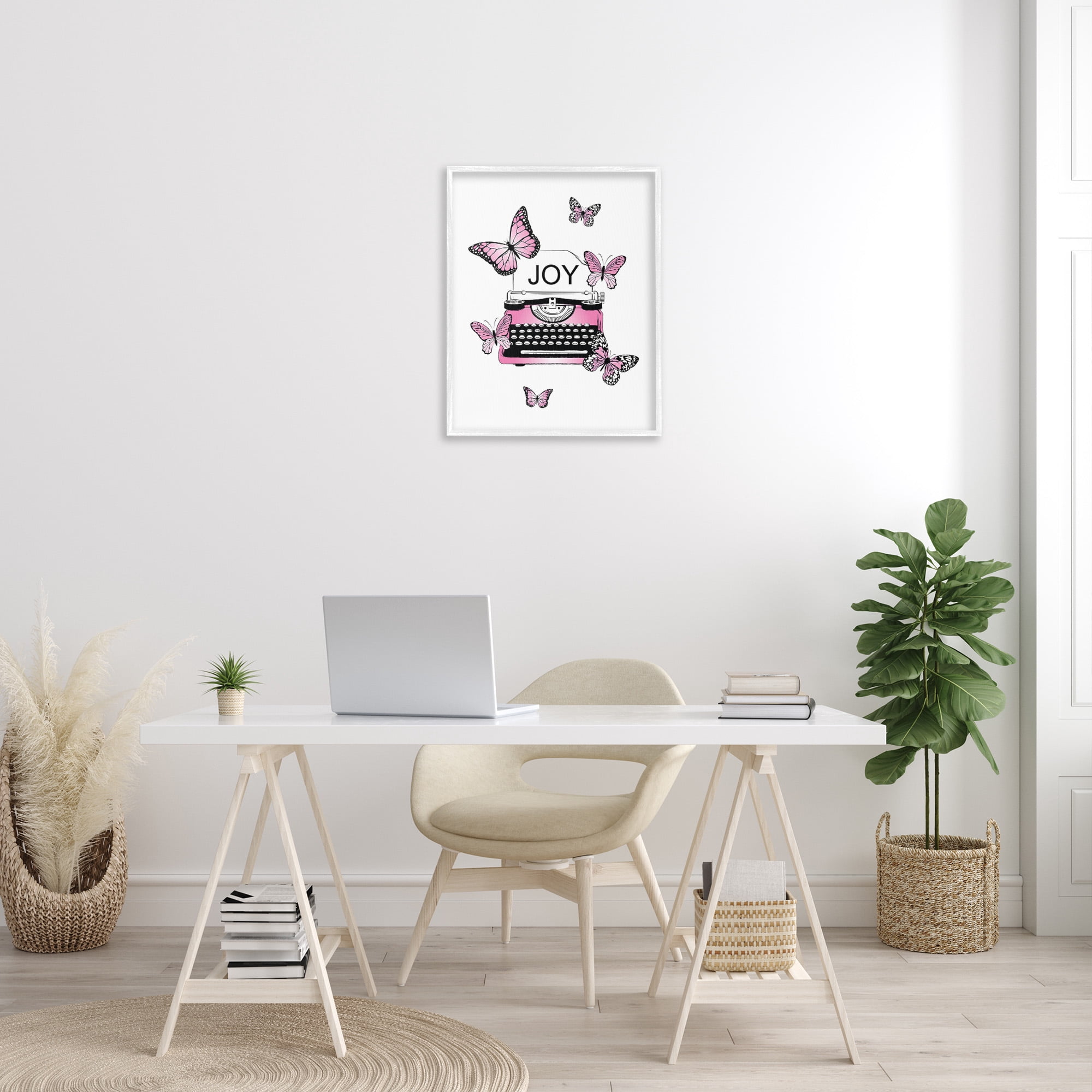 Stupell Industries Typewriter with Joy Animals & Insects Painting White Framed Art Print Wall Art, 24 x 30