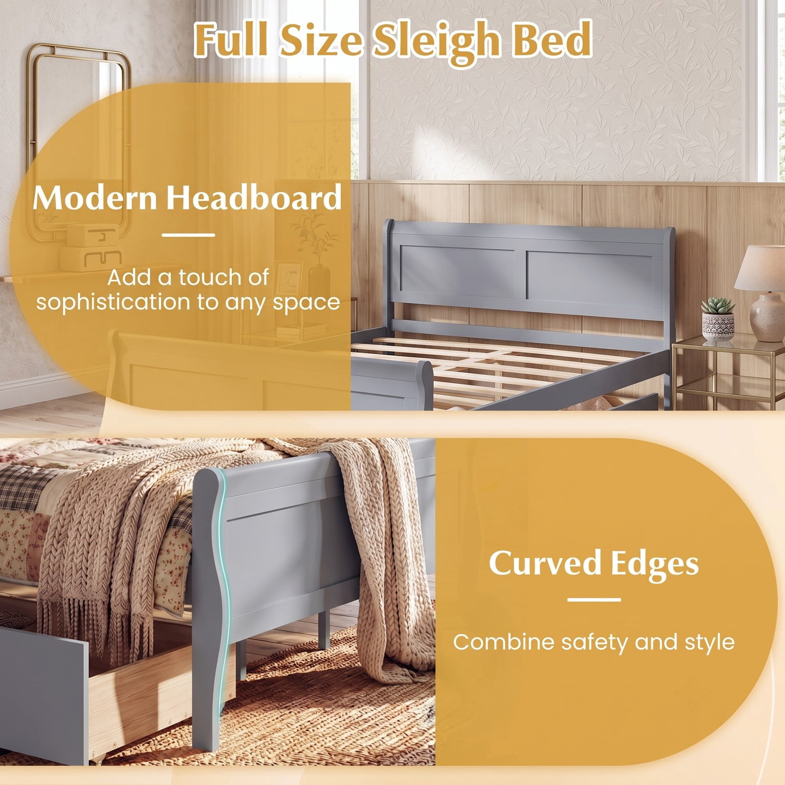 Furnibear Full Size Bed Frame with Storage, Wood Platform Bed with 2 Storage Drawers, Panel Headboard and Footboard, Gray